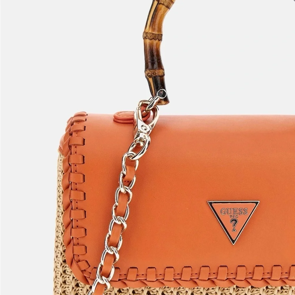 New GUESS Orange and Tan Satchel with Woven Design